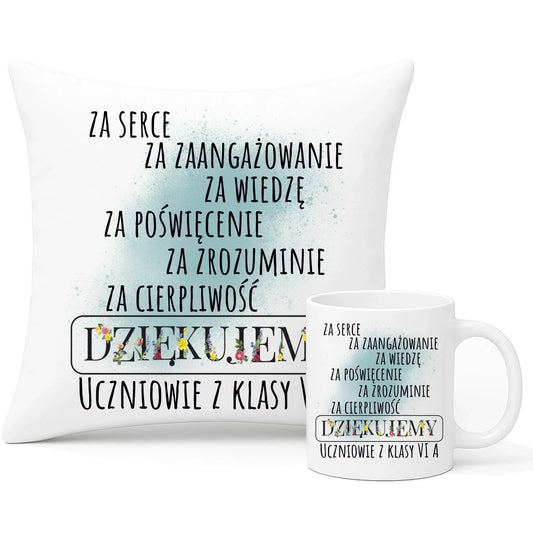 Podziękowanie dla nauczyciela od klasy na prezent | Zestaw poduszka i kubek dla nauczyciela N06 - StoryCups.pl