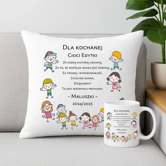 Podziękowanie od przedszkolaków | Zestaw poduszka i kubek dla nauczyciela N07 - StoryCups.pl