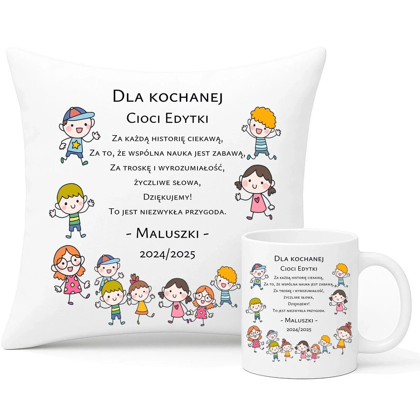 Podziękowanie od przedszkolaków | Zestaw poduszka i kubek dla nauczyciela N07 - StoryCups.pl