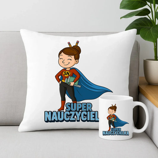 Super Nauczycielka | Zestaw poduszka i kubek na prezent dla nauczycielki N08 - StoryCups.pl