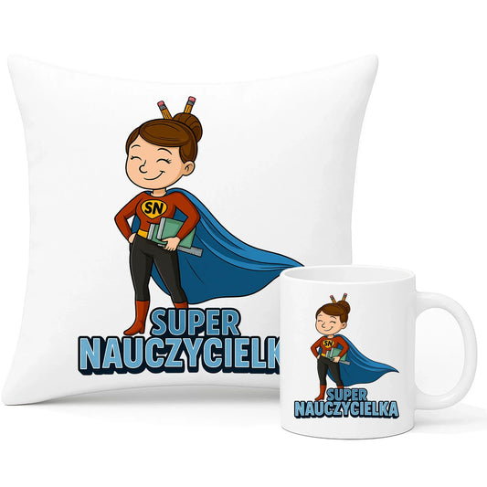 Super Nauczycielka | Zestaw poduszka i kubek na prezent dla nauczycielki N08 - StoryCups.pl