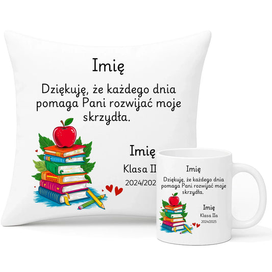 Podziękowanie dla nauczycielki | Zestaw poduszka i kubek prezent na Zakończenie Roku Szkolnego N10 - StoryCups.pl