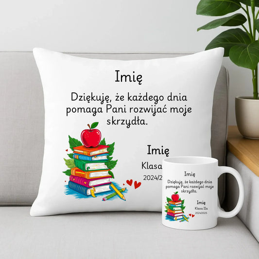 Podziękowanie dla nauczycielki | Zestaw poduszka i kubek prezent na Zakończenie Roku Szkolnego N10 - StoryCups.pl