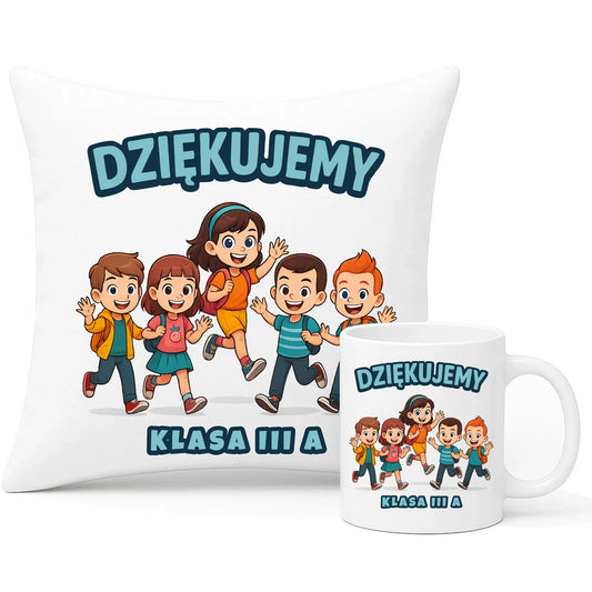 Podziękowanie od klasy dla nauczyciela | Zestaw poduszka i kubek Zakończenie Roku Szkolnego N11 - StoryCups.pl