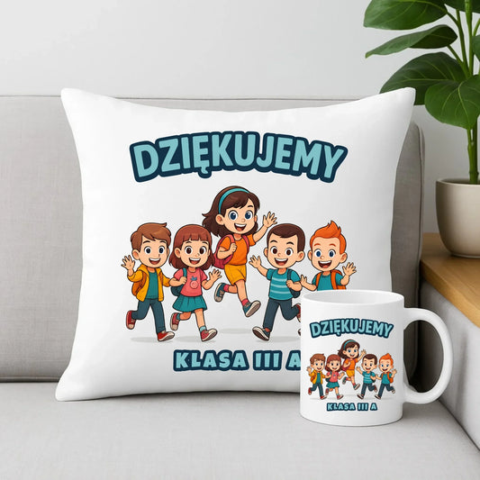 Podziękowanie od klasy dla nauczyciela | Zestaw poduszka i kubek Zakończenie Roku Szkolnego N11 - StoryCups.pl