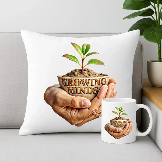 Growing minds | Zestaw poduszka i kubek dla nauczyciela N15 - StoryCups.pl