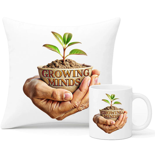 Growing minds | Zestaw poduszka i kubek dla nauczyciela N15 - StoryCups.pl