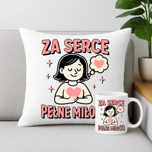 Za serce pełne miłości | Zestaw poduszka i kubek dla nauczycielki na prezent N17 - StoryCups.pl