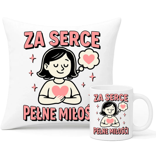 Za serce pełne miłości | Zestaw poduszka i kubek dla nauczycielki na prezent N17 - StoryCups.pl