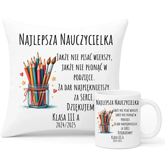 Za dar najpiękniejszy za serce | Zestaw poduszka i kubek dla najlepszej nauczycielki na prezent N20 - StoryCups.pl