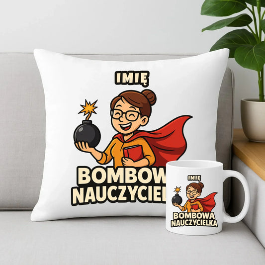 Bombowa nauczycielka | Zestaw poduszka i kubek z imieniem na prezent N25 - StoryCups.pl