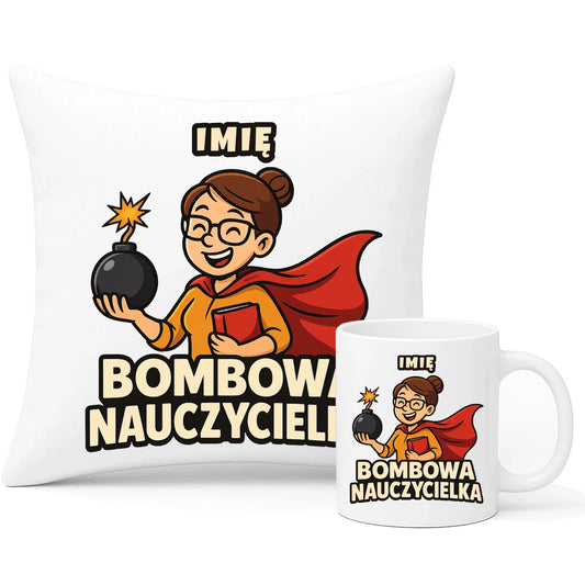 Bombowa nauczycielka | Zestaw poduszka i kubek z imieniem na prezent N25 - StoryCups.pl