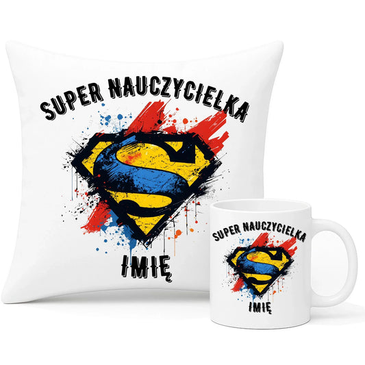 Super nauczycielka | Zestaw poduszka i kubek z imieniem na prezent dla nauczycielki N27 - StoryCups.pl