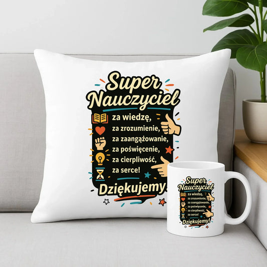 Super Nauczyciel Podziękowanie | Zestaw poduszka i kubek prezent na Zakończenie Roku Szkolnego N32 - StoryCups.pl