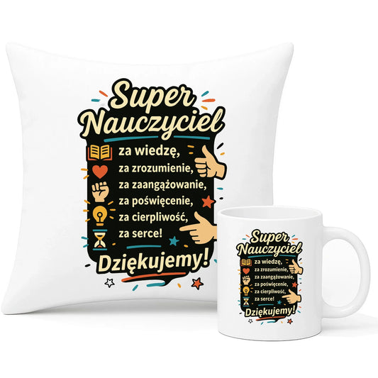 Super Nauczyciel Podziękowanie | Zestaw poduszka i kubek prezent na Zakończenie Roku Szkolnego N32 - StoryCups.pl