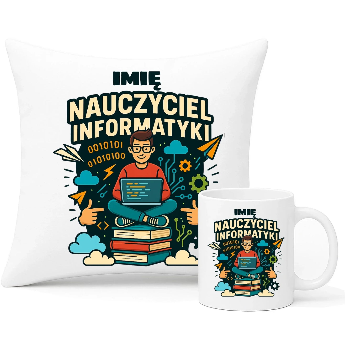 Nauczyciel informatyki | Zestaw poduszka i kubek z imieniem na prezent N33 - StoryCups.pl