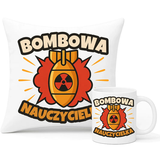 Bombowa nauczycielka | Zestaw poduszka i kubek prezent dla nauczycielki N34 - StoryCups.pl