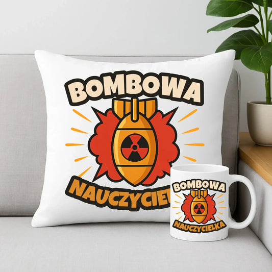 Bombowa nauczycielka | Zestaw poduszka i kubek prezent dla nauczycielki N34 - StoryCups.pl