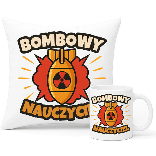 Bombowy nauczyciel | Zestaw poduszka i kubek prezent dla nauczyciela N36 - StoryCups.pl