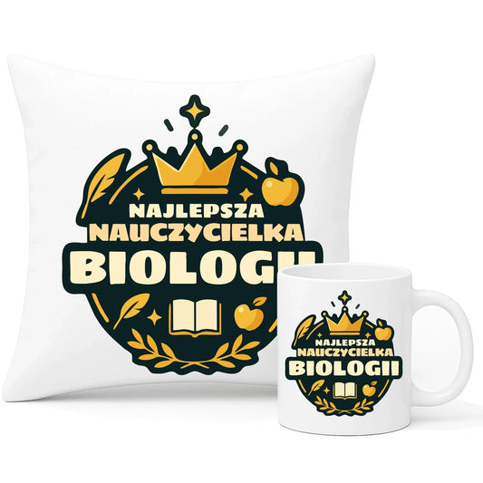 Najlepsza nauczycielka biologii | Zestaw poduszka i kubek prezent dla nauczycielki N39 - StoryCups.pl