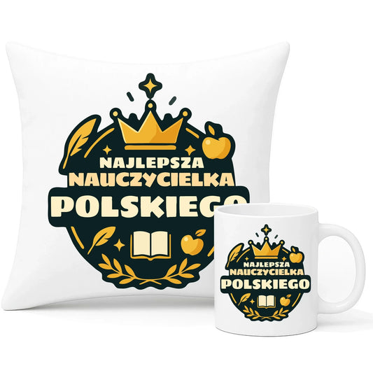 Najlepsza nauczycielka języka polskiego | Zestaw poduszka i kubek prezent dla polonistki N41 - StoryCups.pl