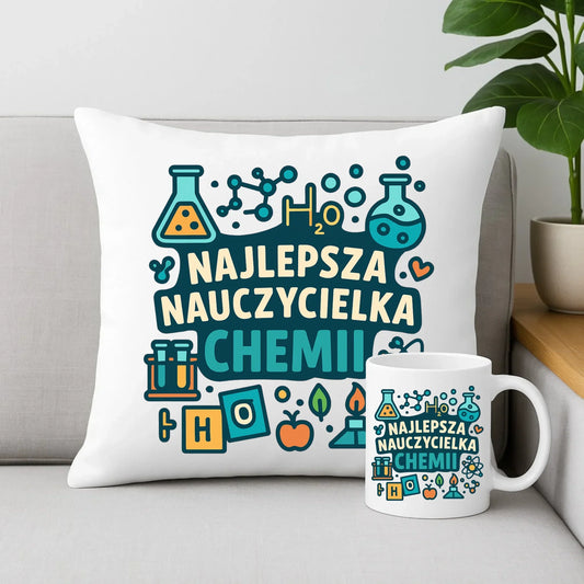 Najlepsza nauczycielka chemii | Zestaw poduszka i kubek prezent dla nauczycielki N44 - StoryCups.pl