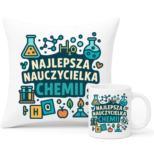 Najlepsza nauczycielka chemii | Zestaw poduszka i kubek prezent dla nauczycielki N44 - StoryCups.pl