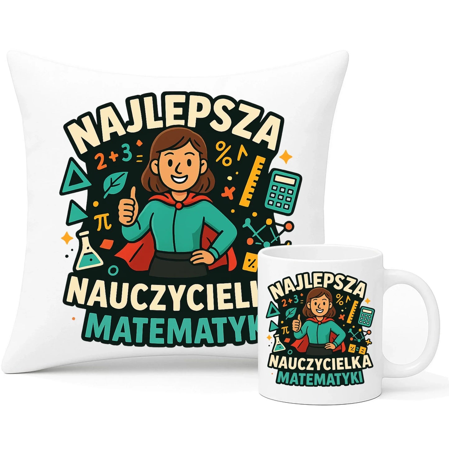 Najlepsza nauczycielka matematyki | Zestaw poduszka i kubek prezent nauczyciel N46 - StoryCups.pl