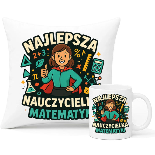 Najlepsza nauczycielka matematyki | Zestaw poduszka i kubek prezent nauczyciel N46 - StoryCups.pl