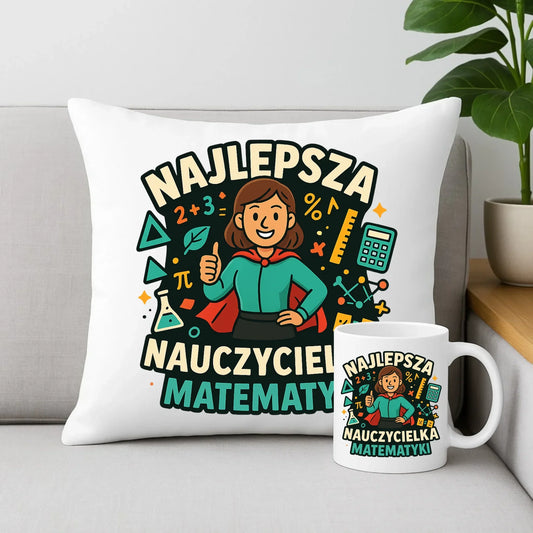 Najlepsza nauczycielka matematyki | Zestaw poduszka i kubek prezent nauczyciel N46 - StoryCups.pl