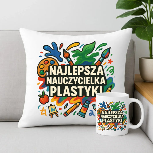 Najlepsza nauczycielka plastyki | Zestaw poduszka i kubek prezent dla nauczycielki N49 - StoryCups.pl