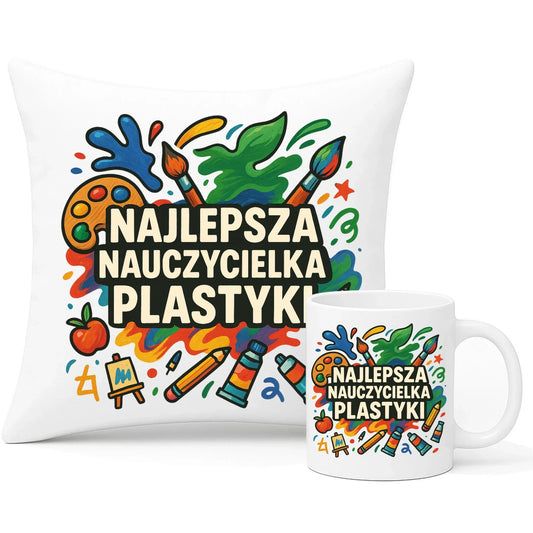 Najlepsza nauczycielka plastyki | Zestaw poduszka i kubek prezent dla nauczycielki N49 - StoryCups.pl