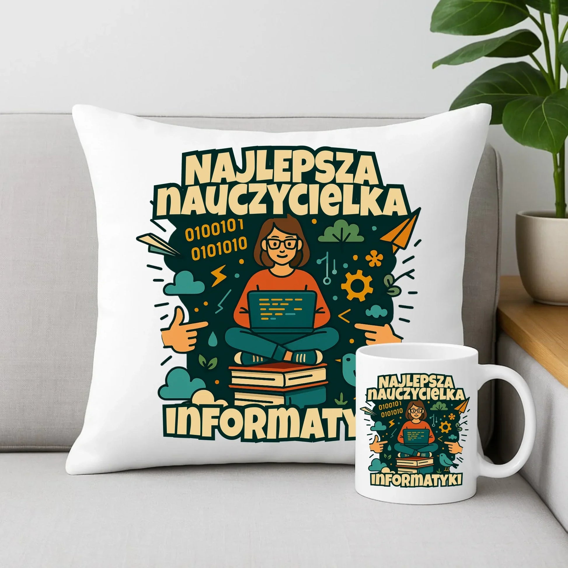 Najlepsza nauczycielka informatyki | Zestaw poduszka i kubek na prezent N51 - StoryCups.pl