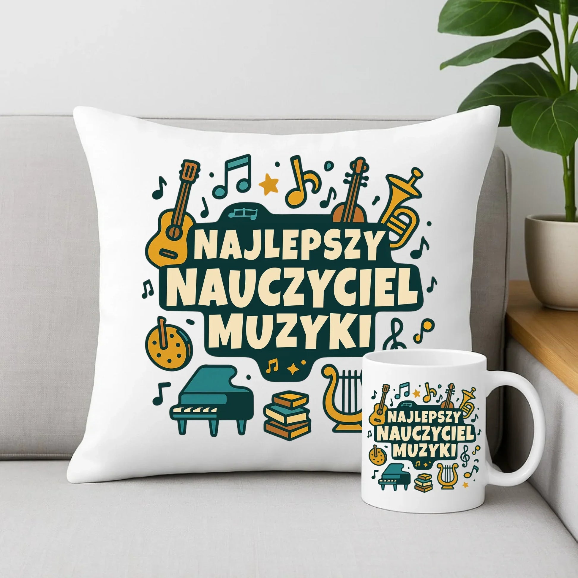 Najlepszy nauczyciel muzyki | Zestaw poduszka i kubek prezent dla nauczyciela N52 - StoryCups.pl
