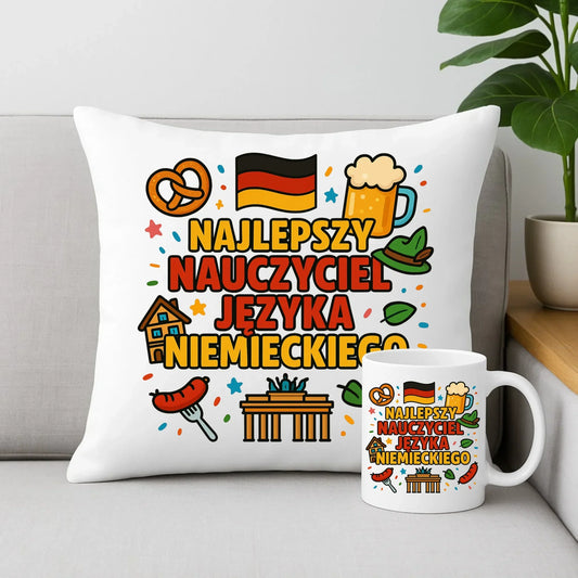 Najlepszy nauczyciel języka niemieckiego | Zestaw poduszka i kubek N54 - StoryCups.pl