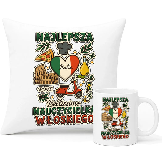 Nauczycielka języka włoskiego | Zestaw poduszka i kubek na prezent N56 - StoryCups.pl
