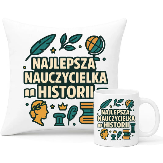 Najlepsza nauczycielka historii | Zestaw poduszka i kubek prezent dla nauczycielki N57 - StoryCups.pl