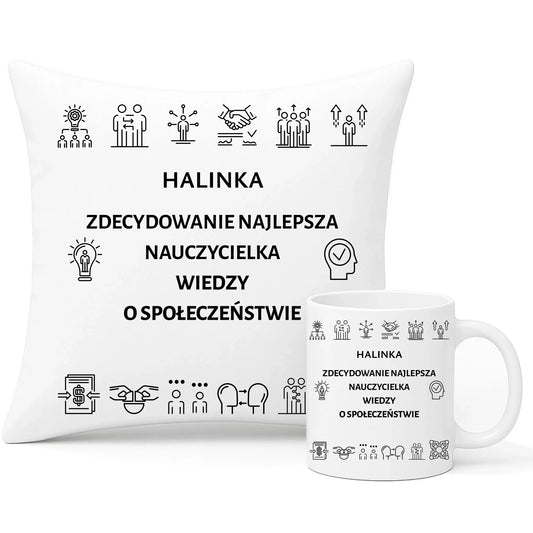 Najlepsza nauczycielka WOS | Zestaw poduszka i kubek prezent N59 - StoryCups.pl