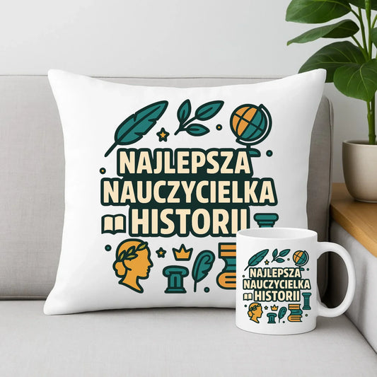 Najlepsza nauczycielka historii | Zestaw poduszka i kubek prezent dla nauczycielki N57 - StoryCups.pl