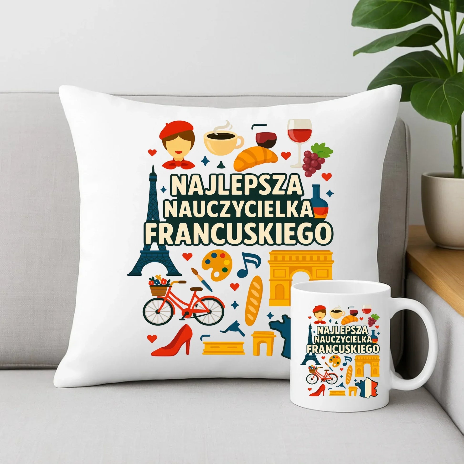 Nauczycielka języka francuskiego | Zestaw poduszka i kubek na prezent N58 - StoryCups.pl