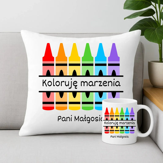 Koloruję marzenia | Zestaw poduszka i kubek na prezent dla nauczycielki N69 - StoryCups.pl