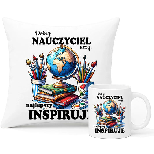 Najlepszy nauczyciel inspiruje | Zestaw poduszka i kubek prezent dla nauczyciela N72 - StoryCups.pl