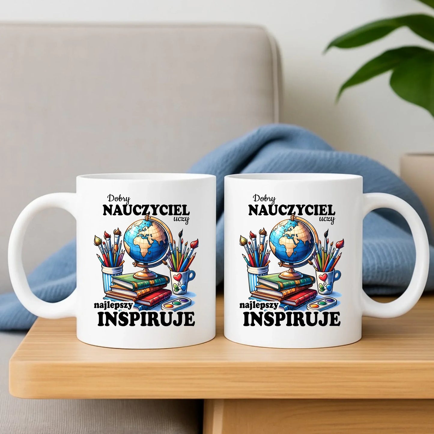 Najlepszy nauczyciel inspiruje | Zestaw poduszka i kubek prezent dla nauczyciela N72 - StoryCups.pl