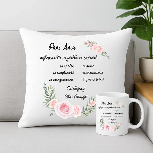 Podziękowanie dla najlepszej nauczycielki | Zestaw poduszka i kubek dla nauczyciela N05 - StoryCups.pl
