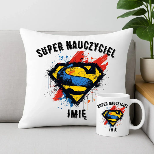Super nauczyciel | Zestaw poduszka i kubek z imieniem na prezent N28 - StoryCups.pl