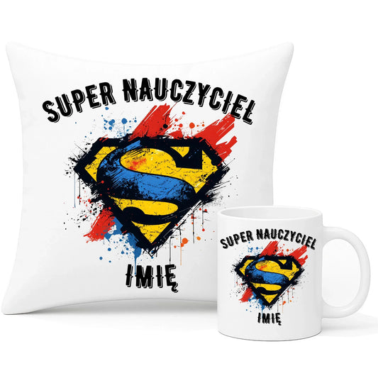 Super nauczyciel | Zestaw poduszka i kubek z imieniem na prezent N28 - StoryCups.pl