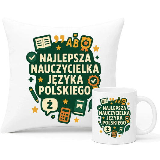 Najlepsza nauczycielka języka polskiego | Zestaw poduszka i kubek na prezent N75 - StoryCups.pl