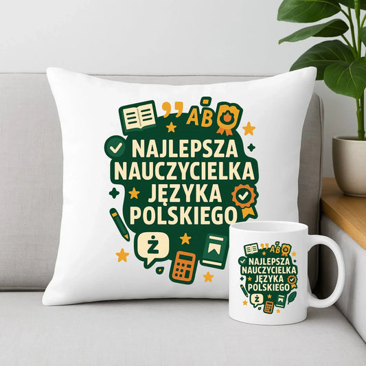 Najlepsza nauczycielka języka polskiego | Zestaw poduszka i kubek na prezent N75 - StoryCups.pl