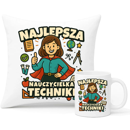 Najlepsza nauczycielka techniki | Zestaw poduszka i kubek na prezent N76 - StoryCups.pl