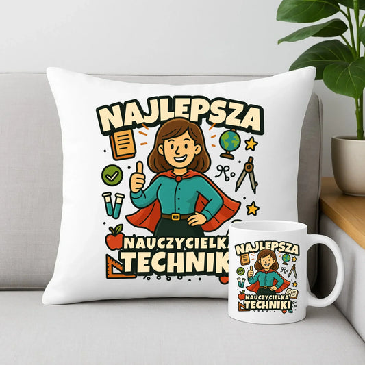 Najlepsza nauczycielka techniki | Zestaw poduszka i kubek na prezent N76 - StoryCups.pl